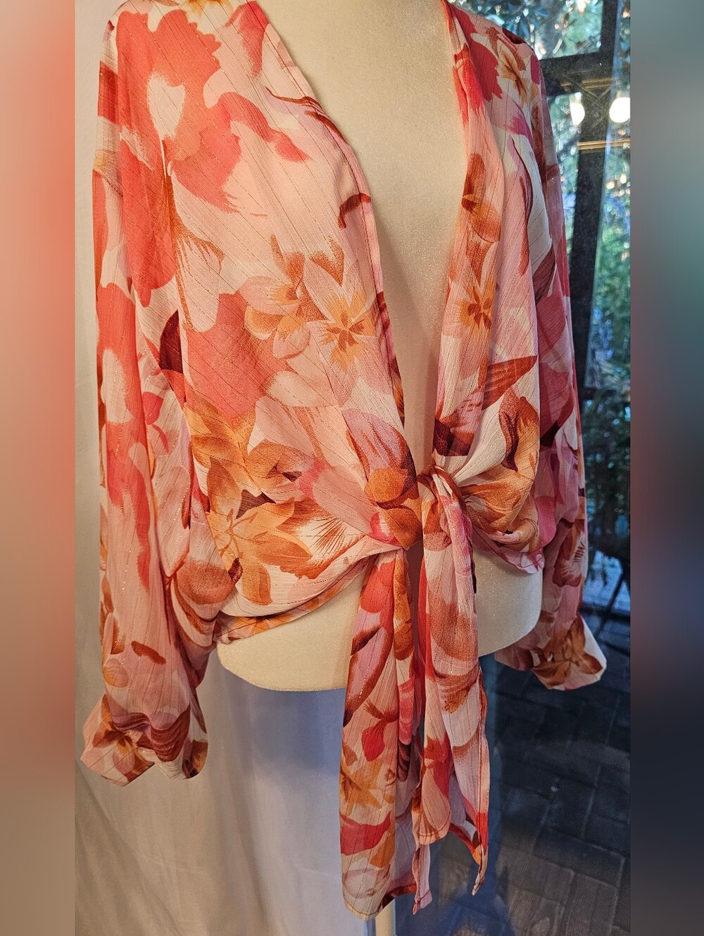 Eesome Sheer Floral Tie Front Wrap Blouse Small